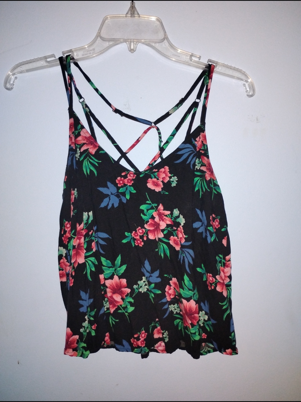 Hollister Black Floral Strappy Camisole with Pink & Green Print